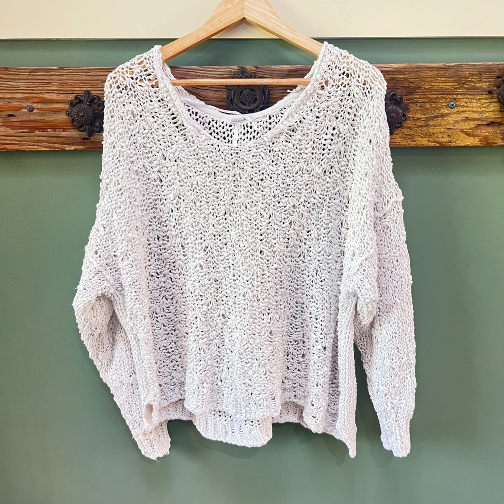 Free People Cream Open Knit Slouchy Pullover Sweater Size Medium Boho Slub